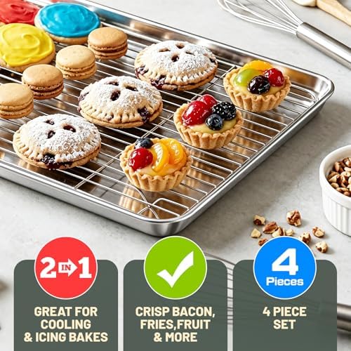 Baking Sheet with Rack Set (2 Pans + 2 Racks), 16 x 12 x 1 Inch Stainless Steel Cookie Sheet Baking Pan Tray with Cooling Rack, Jelly Roll Pan with Wire Rack, Warp Resistant & Heavy Duty & Rust Proof