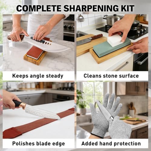10-Piece Knife Sharpening Stone Set, Professional Whetstone 4 Side 400/1000 3000/8000 Grit, Whetstone Knife Sharpener Stone Kit, Non-slip Base, Leather Strop, Nagura Stone and Angle Guide