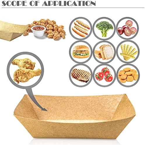 100 Pack 2lb Paper Food Trays, Heavy-Duty Paper Food Boat Disposable Serving Basket Tray for French Fries Nachos Snack Hot Dog Taco BBQ Popcorn Party Picnic Wedding Party (Brown)