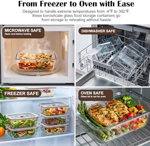 50 oz Glass Food Storage Containers with Glass Lids, 2 Pack