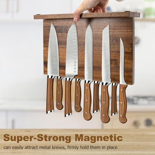 RedCall Magnetic Knife Holder, 16" Double Sided Acacia Wood Knife Block for Kitchen Counter,Strong Magnet Knife Strip for Chef Knife, Large Knife Storage with Non-Slip Base - Fits Up to 12 Knives