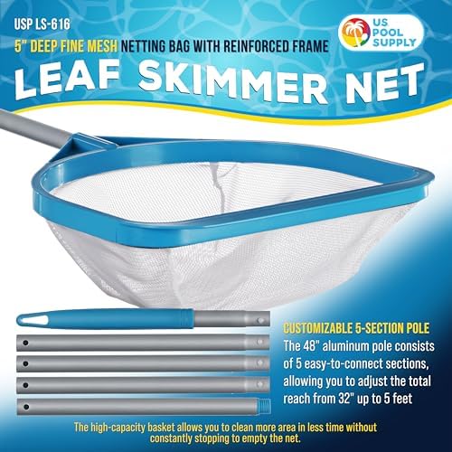 U.S. Pool Supply Pool and Spa Skimmer Net with Pole, Handheld Fine Mesh