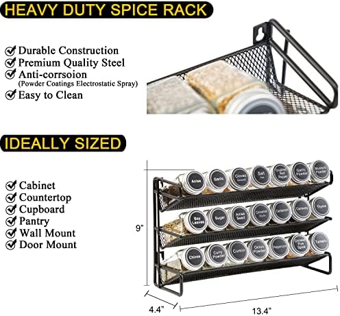 SpaceAid Spice Rack Organizer with 21 Spice Jars, 386 Spice Labels, Chalk Marker and Funnel Set for Cabinet, Countertop, Pantry, Cupboard or Door & Wall Mount - 21 Jars, 13.4" W × 9" H, Black