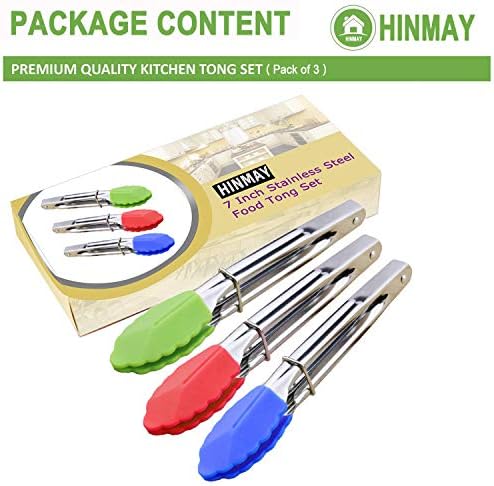 HINMAY 7-Inch Mini Tongs with Silicone Tips, Set of 3 (Green Red Blue)