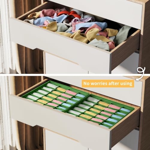 joyoldelf Sock Drawer Organizer Divider 4 Packs Underwear Organizer, 24 Cell Closet Organizers and Storage Organizer Sock Holders Organizers for Storing Socks, Handkerchiefs, Ties, Belts (Green)