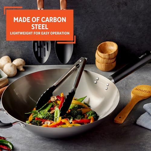 IMUSA USA Natural Wok with Triangle Handle 14-Inch, Silver