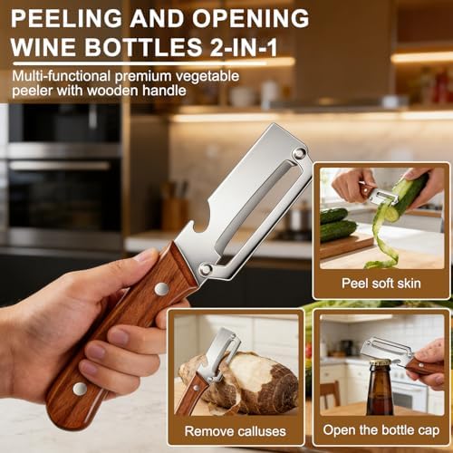 Multi-Functional Vegetable Peeler for Kitchen, 2 in 1 Stainless Steel Vegetable Peeler with Wooden Handle and Bottle Opener,Kitchen Tool for Fruit Apple Potato Carrot Pumpkin Papaya (2pcs)
