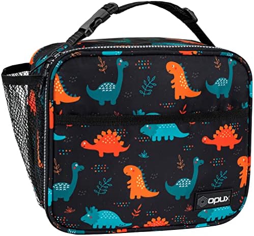 opux Insulated Lunch Bag for Kids, Reusable Lunch Box for School, Dinosaur