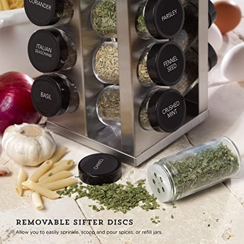 Kamenstein 20 Jar Heritage Revolving Countertop Spice Rack Organizer with Spices Included, FREE Spice Refills for 5 years, Brushed Stainless Steel with Black Caps (Pack of 3)