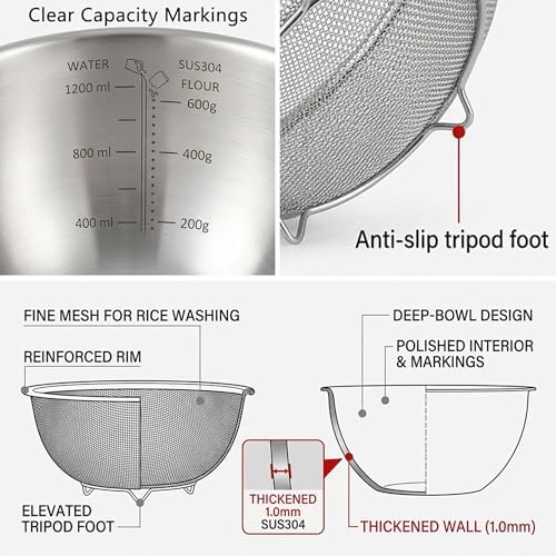 HAPPY KIT 18/8 Stainless Steel Bowl and Colander Set, 6-Piece, Nesting