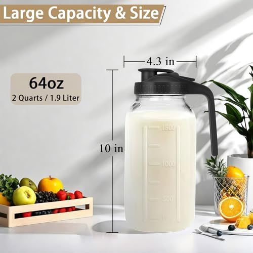 64oz (2 quart) Glass Pitcher with Lid, Mason Jar Pitcher, Glass Container