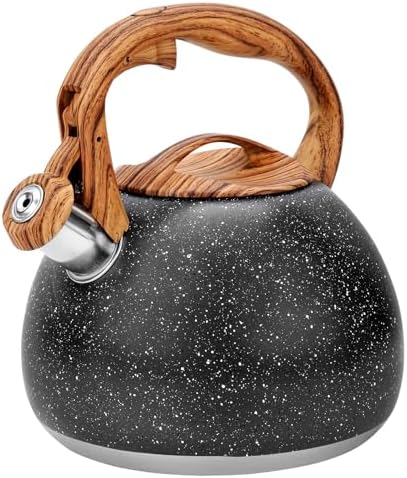 GGC Tea Kettle for Stove Top, Loud Whistling Kettle for Boiling Water Coffee or Milk, 3.1 Quart Heavy Stainless Steel Starry Black Kettle with Wood Pattern Handle, Unique Button Control Kettle Outlet