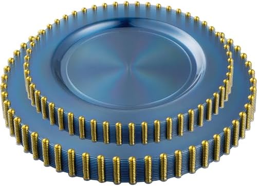 PLASTICPRO 32 Piece Combo Plastic Dinner Plates Disposable Plastic Fancy Heavy Duty Party Dishes 7 inch and 10 inch, Translucent Blue and Gold Beaded