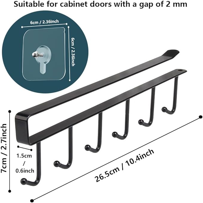 2 Pack Storage Mug Hooks Rack Under Cabinet Each with Fixed Sticker, 6 Hooks Cup Holder Hanger, Ties Belts Scarf Hanging Hook Rack, Mug Hook Hanger Under Shelf Without Drilling Kitchen Utensil Hanger