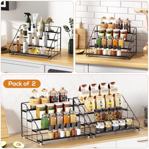 4 Tiered Spice Rack Organizer, 2 Pack Spice Rack Organizer for Cabinet, Tiered Adjustable Spice Shelf for Kitchen Countertop Pantry Organization (Carbon Black)