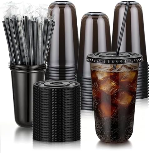 tchrules 100 Set 18oz Black Plastic Disposable Cups with Lids and Straws