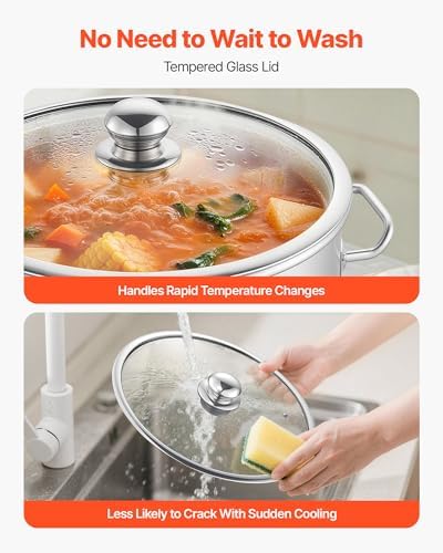 VEVOR Stainless Steel Stock Pot, 21-Quart Stainless Steel Stockpot with Glass Lid, PFOA-Free, PFAS-Free, Compatible with Gas Stoves, Induction Cooktops, Electric Stoves, for Soups, Stews, and Pasta