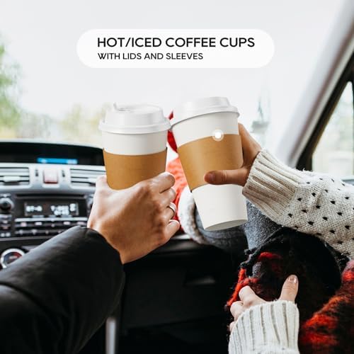 JOLLY PARTY 50 Pack 16 oz Disposable Paper Coffee Cups with Lids & Sleeves