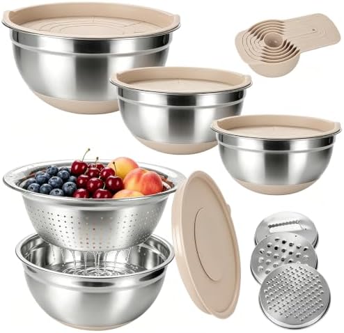 Stainless Steel Mixing Bowl Set with Lids, Non-Slip Silicone Base