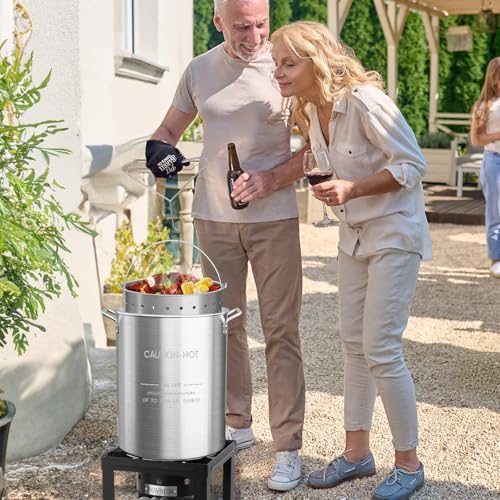 Bonnlo 30QT Aluminum Stock Pot for Boiling Seafood, Crawfish & Crab, Frying Turkey & Steaming Tamales, Large Boil Pot with Strainer Basket, Lid, Lifting Hook & Steamer Rack for Outdoor Cooking