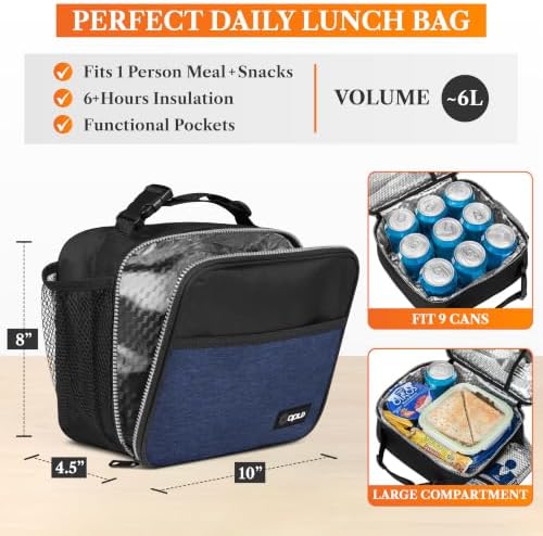 opux Insulated Lunch Bag for Kids, Reusable Lunch Box for School, Navy Blue