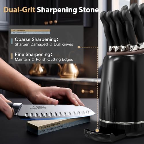 Knife Set, Amorston 14-Piece Kitchen Knives Set with Block & Sharpening Stone, Stainless Steel Dishwasher Safe, Knife Block Set with Ergonomic Handle, Professional Kitchen Knives for Home Cooking