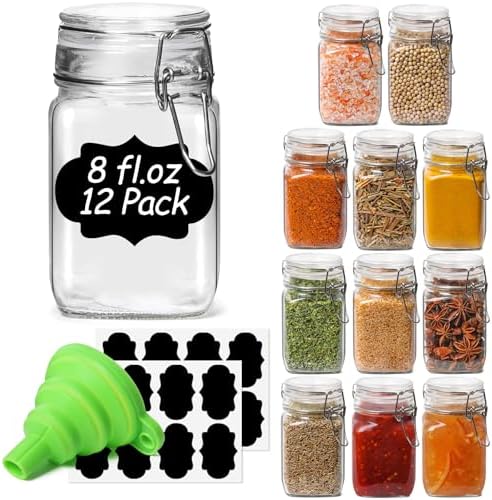ComSaf Square Glass Spice Jars 8 oz 12 Pack with Labels and Funnel Set