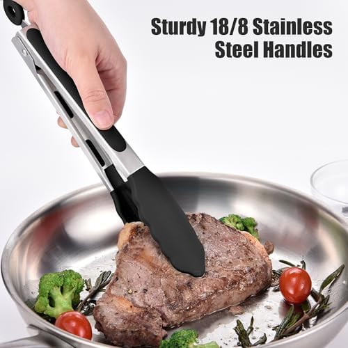 Doosu Kitchen Tongs with Silicone Tips for Cooking Serving (9in, Black)