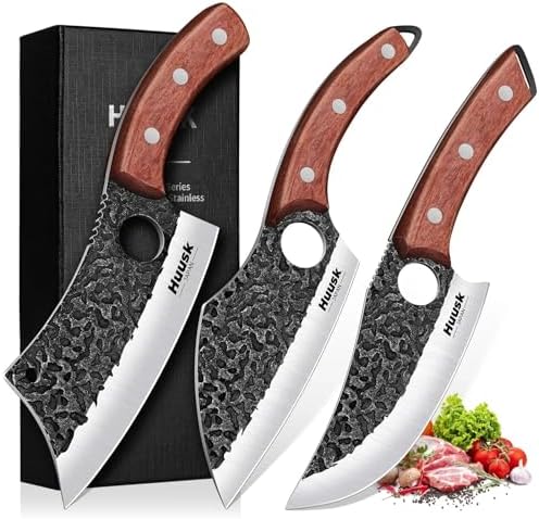 Huusk Butcher Knife Set of 3 - Japanese Knife Set for Meat Cutting