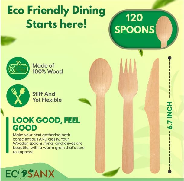 ECOSANX® 120 PCs Wooden spoons for eating, 6.5" Splinter Free small disposable spoons, Eco-Friendly, 100% All-Natural Compostable spoons for Outdoor, Bamboo spoon Disposable for Camping Events & More