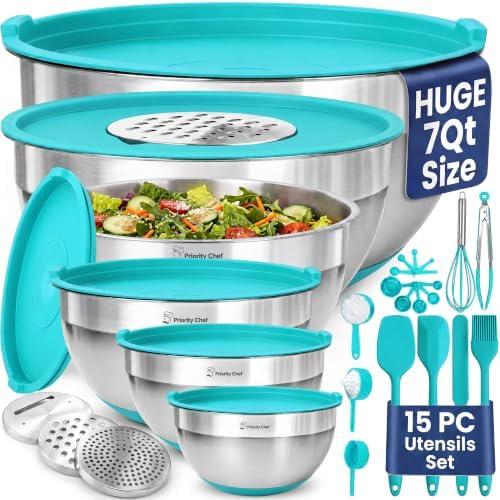Priority Chef Stainless Steel Mixing Bowls with Lids Set - Premium 30Pcs with 6pc Metal Bowl Set for Kitchen, 3 Graters, Airtight Lids, Non-Slip Bases & Silicone Utensils, Turquoise