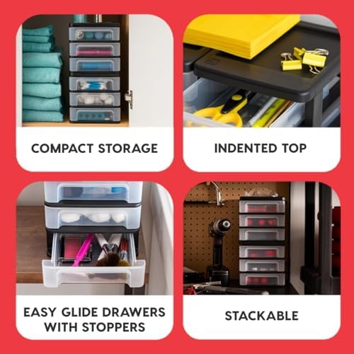 IRIS USA 4-Pack, 3-Drawer Small Plastic Stacking Desktop Organizer, Black