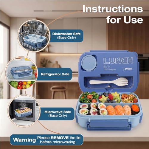 Bento Box Adult Lunch Box, Lunch Containers for Adults 44.5 Oz/5 Cup, Blue