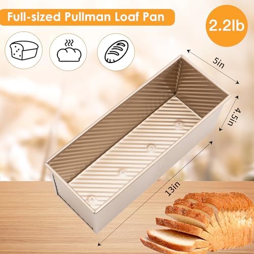 13 x 5 Inch Pullman Loaf Pan with Lid, 2.2lb Aluminized Steel Nonstick Bread Pan for Sandwich Bread, Long Bread Loaf Pan with Dough Scraper Cutter