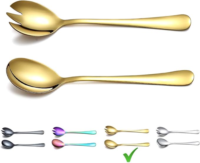 Gold Salad Server Set, Berglander Stainless Steel Salad Serving Set With Titanium Gold Plating, Salad Servers, Salad Spoon, Salad Fork, Pack of 2 (Shiny Gold)