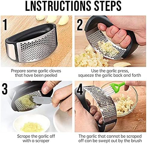 Garlic Press Rocker, Stainless Steel Garlic Mincer Crusher Professional Kitchen Gadgets Garlic Chopper with Ergonomic Handle, Silicone Garlic Peeler