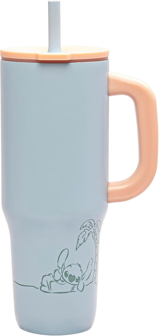 Zak Designs Disney Sutton Travel Tumbler for On the Go or At Home, 40oz Stainless Steel with Vacuum Insulation, Silicone Straw, Carry Handle, and 3D Artwork for Cold Drinks (Stitch)