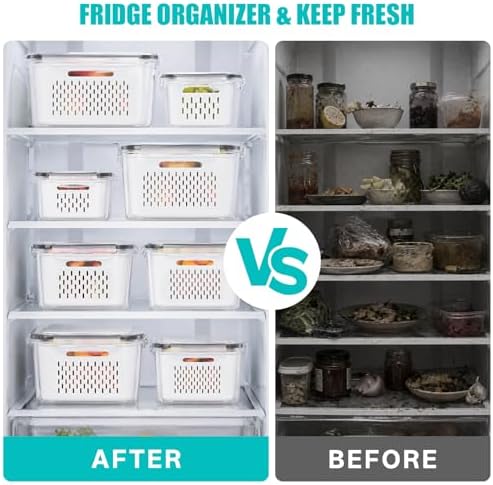 HOMETALL 5 Pack Fruit Storage Containers for Fridge Set, Fruit Washing Bowl with Strainer, Reusable Fridge Organizers and Storage for Berry Salad Lettuce, Size 4.5, 3.4, 1.8, 0.9, 0.4QT