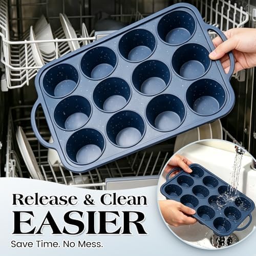 Vinino 2 Pack 12 Cups Silicone Muffin Pan with Stainless Steel Frame - Blue