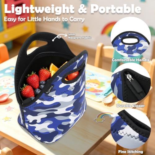 FlowFly Neoprene kids Lunch box Insulated Soft Bag Mini Cooler Thermal Meal Tote Kit for Boys, Girls,Men,Women,School,Work, Office, Blue Camo