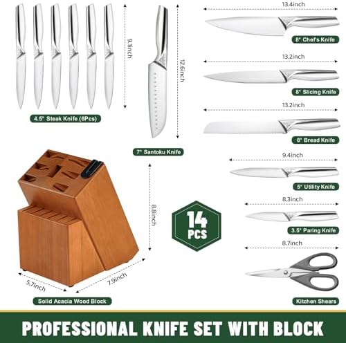 Knife Set, EWFEN 14-Piece Kitchen Knife Set with Block, German Stainless Steel Knives with Built-in Knife Sharpener, Anti-Slip Sharp Knives Set for Kitchen, Dishwasher Safe, Concave-dotted Handle