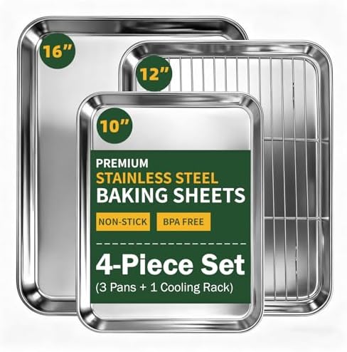 4 PCS Stainless Steel Baking Sheet Set 10/12/16 Inch with Cooling Rack