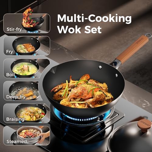 Sanho 12.6 Inch Carbon Steel Wok Pan, 5QT Woks & Stir-Fry Pans Nonstick with Lid, No Seasoning Required & 0 Coating, Compatible with All Cooktops & Utensils for Stir Fry, Pan-Fry, Steam, Camping