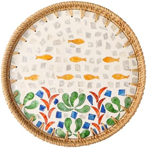 Round Rattan Tray with Mother of Pearl Inlay, Decorative Wicker Serving Tray with Wooden Base, Woven Basket Trays for Bread Fruits Coffee