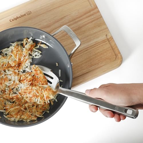Calphalon Prime Slotted Turner, Stainless Steel Wide Slotted Spatula with Silicone Rim for Nonstick Cookware, Heat Resistant Durable Kitchen Tool for Cooking, Flipping, Draining and Serving