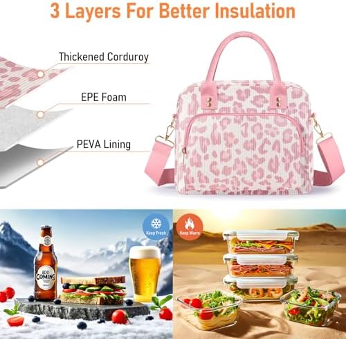 Lunch Bag Large Insulated Lunch Box for Women Adult Cute Pink Leopard Lunchbox Corduroy Lunch Bags Boxes Pail with Shoulder Strap for Work Mom Picnic Office Travel 11.4×6.8×9.1 inches 11.5L