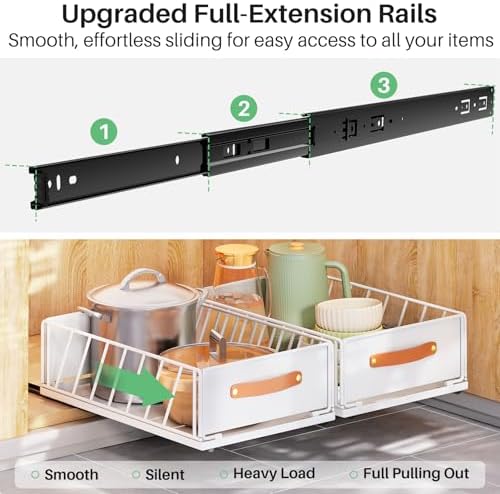 4Pack Pull out Cabinet Organizer,Heavy Duty Slide out Pantry Shelves Drawer Storage with Adhesive Nano Film,Sliding Mesh Basket with Handle for Kitchen, Bathroom, Home, 11.8W" X 15.7"D X 6.2"H,White