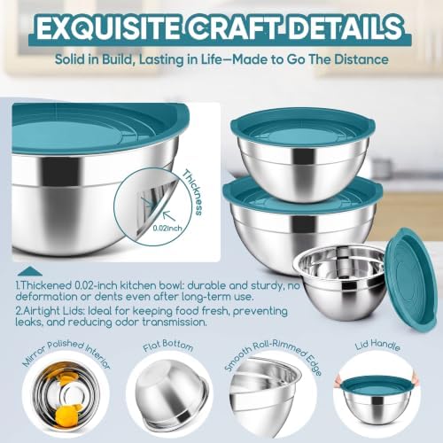 Herogo Stainless Steel Mixing Bowls with Lids Set of 3, 1.5/3/4.6Qt, Blue