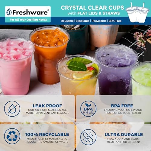 Freshware 16 oz Clear Disposable Plastic Cups with Flat Lids and Straws, 100 Pack Clear Plastic Cups Tumblers, Heavy-duty Party Glasses, Disposable Cups for Thanksgiving, Halloween, Christmas Party