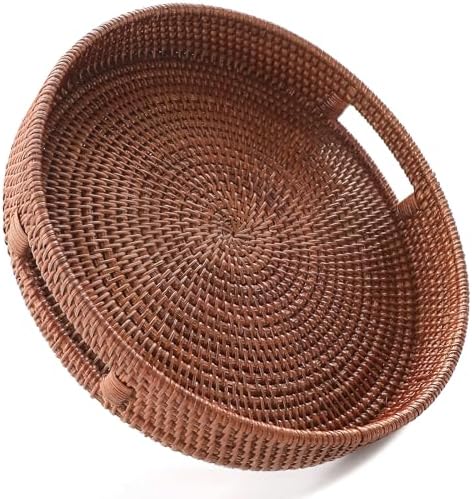 HITOMEN 11.8" Hand-Woven Round Rattan Serving Tray Decorative Wicker Trays with Handles for Coffee Table (Brown-M)